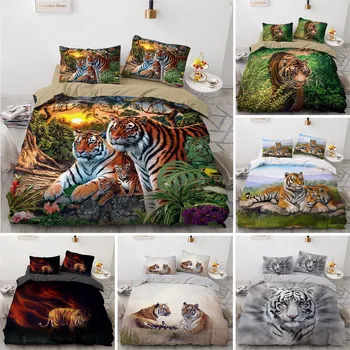 3D Vytlačené Zvierat Tiger posteľná bielizeň Nastaviť Perinu Spálňa Cumlík Pokrýva Jedno Dvojča Kráľa Veľkosť Deky Kryt bytový Textil 2/3KS Obrázok
