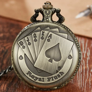 Antické Bronzové Royal Flush Poker Mechanické Vreckové Hodinky Ženy Náhrdelník Reťazca Rterofob hodinky dary Obrázok