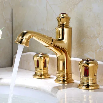 Korunu dizajn Gold brass Kúpeľni, Umývadlo, Batérie, Paluby Namontované Zlaté vytiahnite Záchodové Kohútik Studenej a teplej vody Ťuknite na položku Zmiešavač Obrázok