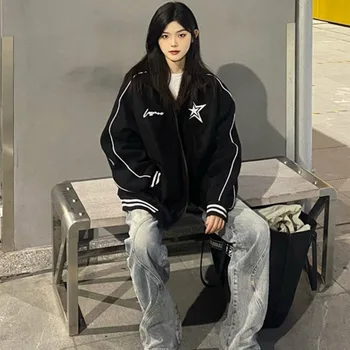 HOUZHOU Star Girl Y2k Bombardér Bunda Ženy Vintage Nadrozmerná Streetwear kórejský Módne Baseball Čierne Bundy Vonkajšie Voľné Coats Obrázok