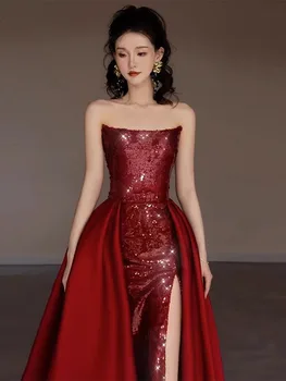 Moderné Sexy uzáver Dlho-line Vysoká Rozdeliť Večerné Šaty Červené Víno Čínskej Tradičnej Iskrivý Flitrami Toast Oblečenie Obrázok