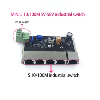 Neriadené MINI 5port 10/100M 5V-58V Priemyselné modul PCBA rada ethernetový prepínač na ochranu pred Bleskom 4KV, anti-statické 4KV Obrázok