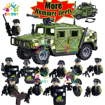 Nové WW2 Hummer Armády Stavebné Bloky Vojenské Vojakov Mini Akčné Figúrky Polícia Štít UAV Tehly Hračky Pre Deti Narodeninám Obrázok
