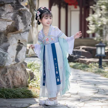 Deti Dávnych Kostým Princezná Z Rozprávky Modrá Kvetinové Výšivky Hanfu Čínske Tradičné Šaty Obrázok