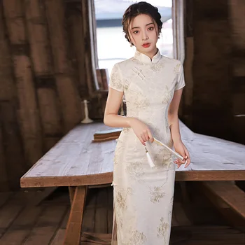 2023 Biele Čipky Cheongsam Ženy Krátky Rukáv Tradičné Vintage Šaty Zobraziť Kostýmy Slim Výšivky Qipao Župan Chinoise Femme Obrázok