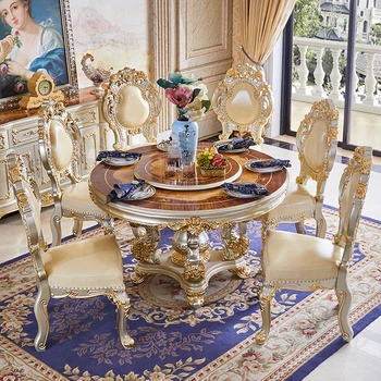 Jedálenský stôl a stoličky zmes vily, luxusné šampanské zlaté kolo mramoru jedálenský stôl všetky masívneho dreva pásu Obrázok