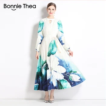 Bonnie Thea Maxi Šaty Jeseň Elegantné Skladaný Tlač Šaty Žien Dlhý Rukáv Voľné Veľké Veľkosti Retro Party Šaty Obrázok
