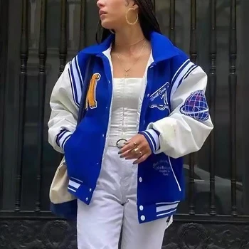 Neutrals Modrá Varsity Bombardér Bunda Ženy Kontrast Rukáv PU Kože Kabát Žena Výšivky Bežné Baseball Zimné Oblečenie Obrázok