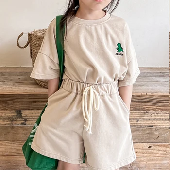 Kórejská Verzia detské Oblečenie Letné Módy Bežné T-shirt Bavlna Voľné Šortky Dievčatá Dva-kus T-tričko + krátke Nohavice Obrázok
