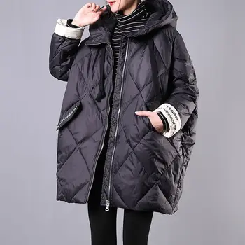 Nadrozmerné Ženy Vetrovka Zimná Strednej dĺžky s Kapucňou Bavlnená Bunda Teplá Lístkového Kabát Vrecká Prešívaný Pevné kórejský Módne Coats Obrázok