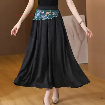 2023 etnických harajuku ženy vintage sukne národnej kvetinové výšivky elastický pás sukne čínsky retro žakárové satin dlhé sukne Obrázok