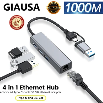 GIAUSA USB C Ethernet Adaptér 1000Mbps Sieťová Karta USB3.0 HUB RJ45 Lan pre Notebook PC Lenovo Xiao Mi Okno Macbook USB-C HUB Obrázok