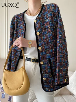 UCXQ Farba Tweed Coats Ženy Zimné 2023 Elegantné Voľné O-krku Krátka Bunda na Jeseň Bežné Dlhý Rukáv Topy Žena Príliv 10AB2992 Obrázok