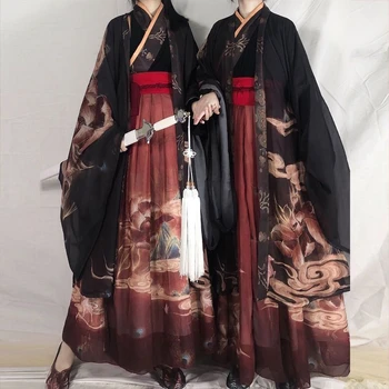Čínsky Hanfu Páry Dávnych Tradičné Tlač Hanfu Červená Čierna Sady Muži Ženy Karneval Cosplay Kostým Hanfu Sady Plus Veľkosť XL Obrázok
