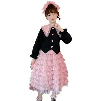Baby Dievčatá Oblečenie Bunda+Viazané Sukne Black Pink Patchwork 2ks Dizajn Deti Oblečenie Nastaviť 5-14 Rokov Dospievajúce Dievča Oblečenie, Obleky Obrázok