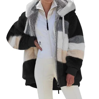 Jeseň/zima 2023 Nové Plyšové Ženy Kabát Voľné Dlhý Rukáv Farba-blok s Kapucňou na Zips, Bunda Ženy Coats Obrázok