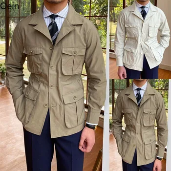Vintage Mužov Safari Bunda Štyri Vrecká na Lov Coats Slim Fit Khaki Béžová Plus Obrázok