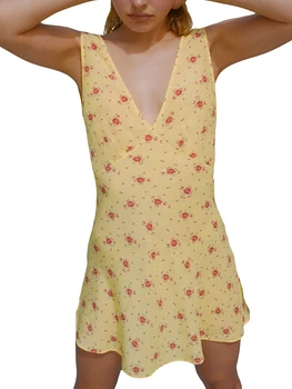Ženy s Letnou Nádrž Mini Šaty Kvetinový Tlač tvaru bez Rukávov Backless Tie-up Slim Plážové Šaty Obrázok
