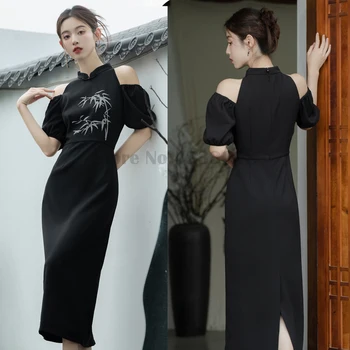 Zlepšenie Cheongsam Sexy Shoulderless Party Šaty, Móda Tlačené Nové Čínske Šiat, Čierna Vintage Elegantné Tradičné Qipao Obrázok