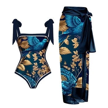 Blue Bird & Gold Kvetina Tlače Bikini 2023 Ženy, Luxusné Jednodielne Plavky, Popruh Okolo Sexy Plaviek Push-Up Cover-Up Plavky Obrázok