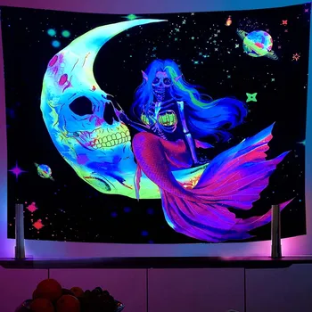 Lebka Blacklight Gobelín UV Reaktívne Kostra Halloween Tém Svietiť V Tme Trippy Stene Visí Domáce Dekorácie Izba Dekor Obrázok