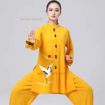 2023 čínska klasická bavlnená posteľná bielizeň kung-fu tai chi oblečenie bojových umení taijiquan wushu jednotné retro žeriav tlač topy+nohavice nastaviť Obrázok