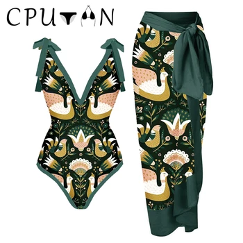 CPUTAN 2023 Vintage Ženy Hlboké V jednodielne Plavky, Sukne Zelené Plavky zakryť Žena Retro Plážové Šaty Letné Bikiny Nastaviť Obrázok