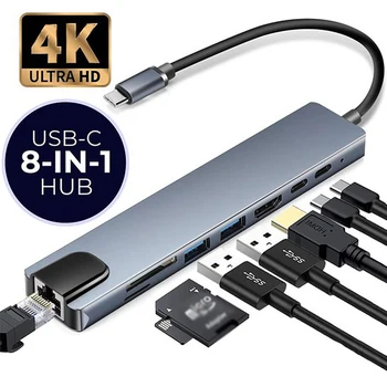 USB 3.0 HUB, Typ C Rozbočovač HDMI 4K Thunderbolt USB C Dokovacej Stanice Notebook Adaptér, S PD SD TF RJ45 Pre iPad a Macbook Pro Obrázok
