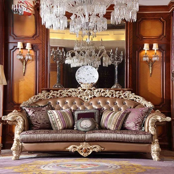 Huangjia Haoting Európskom štýle, kožená sedačka kombinácia obývacej izby, dekorácie, vrchná vrstva cowhide veľký celok luxus Obrázok