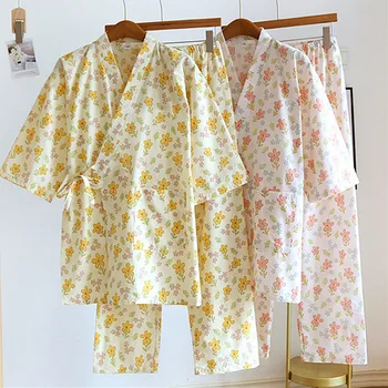 Japonský Jar Leto Bavlna Gázy Pyžamo Dvoch-Dielny Set ženské Kimono Sleepwear Oblek Nové 3/4 Rukáv, Nohavice Domáce Oblečenie Obrázok