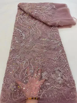 Ružová Nigérijský Čipky Textílie Na Svadobné Šaty Vyšívané Afriky Tylu Čipky Korálkové Sequin Textílie Francúzsky Čistý Čipky Obrázok