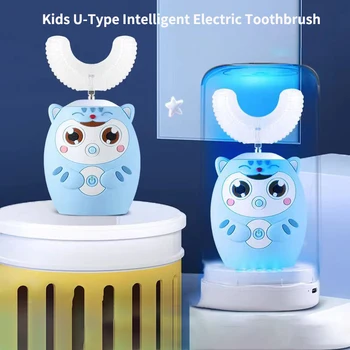 360° Deti Automatické Elektrické zubné Kefky, U Tvarované Cartoon Vzor pre Deti od 6 Režimami Čistenia Sonická zubná Kefka s Modrým Svetlom Obrázok