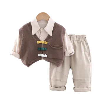 Jeseň Deti Oblečenie Chlapec Suit Baby Chlapci Neformálne Oblečenie s Dlhým Rukávom Pevné Tričko s Pocket Vest Nohavice 3ks Sada Oblečenie 1-6 Rokov Obrázok