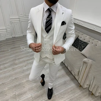 Nové Módne Biele Muži Obleky Slim Fit 3 Ks Elegantné Formálne Klasické Mužské Svadobné Obleky Nastaviť (Sako+Vesta+Nohavice) Trajes De Hombre Obrázok