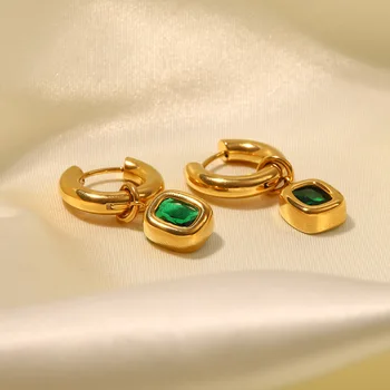 Z nehrdzavejúcej Ocele Štvorec Zelený Zirkón s Príveskom, Náušnice, Módne 18K Zlata Nepremokavé Vintage Šperky pre Ženy Obrázok