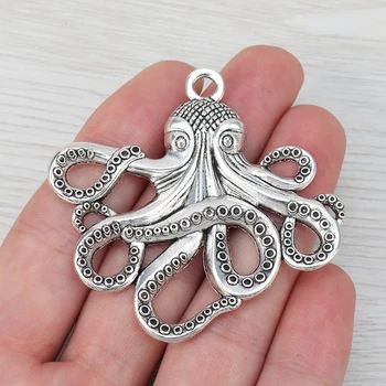 2 x Tibetského Striebra Veľké Squid Octopus Charms Prívesky DIY Náhrdelník Šperky Zistenia Steampunk Námorných 59x57mm Obrázok
