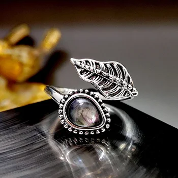 Kreatívne Rastlín Leaf Krúžky Vintage Moonstone Shell Pierko Otvorte Nastaviteľné Prst Prstene Pre Ženy, Módne Šperky, Snubné Prstene Obrázok