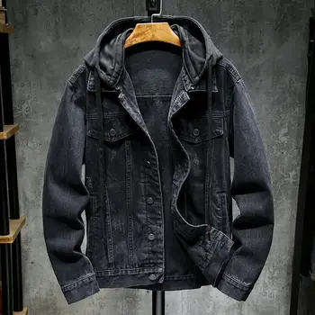 Čierna denim jacket pánske jar roku 2023 s kapucňou odnímateľný voľné kovanie bunda všestranný ležérny top zimné denim jacket mužov Obrázok