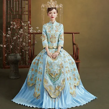 Svetlo Modrá Orientálna Svadobné Oblečenie Výšivky Phoenix Banquet Kostým Klasické Cheongsam Čína Qipao костюм для восточных Obrázok