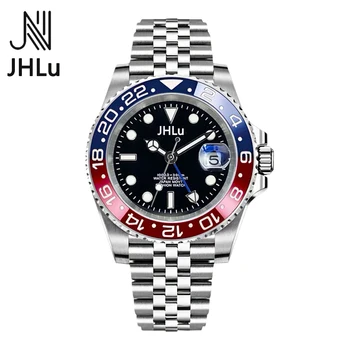 JHLu Nové Luxusné Muži Mechanické Náramkové hodinky z Nerezovej Ocele GMT Sledovať Top Značky Zafírové Sklo Muži Hodinky Reloj Hombre Obrázok