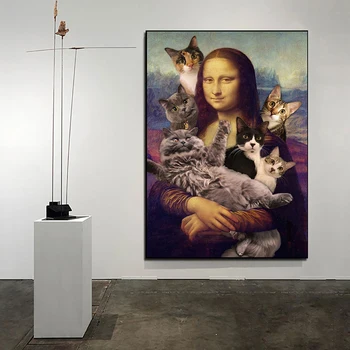 Vtipné S Úsmevom Mona Lisa Cat Umelecké Plátno Plagát Vytlačí Klasické Slávny Obraz Vintage Stenu Obrázok Miestnosti Domova Nástenné Maľby Obrázok