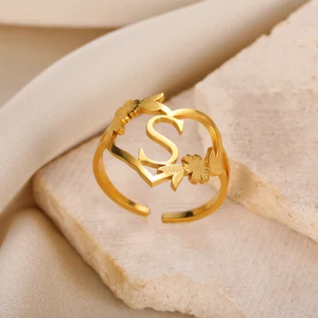 A-Z Srdci Počiatočné Prstene pre Ženy, Otvorené Nastaviteľné Nerezový snubný Prsteň Trend Zlatá Farba Pár Príslušenstvo Šperky Darček Obrázok