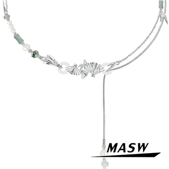 MASW Originálny Dizajn Vintage Temperament Kvalitné Hrubé Strieborné Pozlátené Ventilátor Náhrdelník Prívesok Pre Ženy, Dievča, Moderné Šperky Obrázok