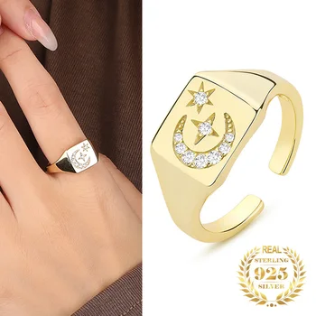 Vintage Reálne 100% 925 Sterling Silver Jemné Pripraviť Zirkón Moon Star Luxusné Prstene pre Ženy Nastaviteľné Módy Jemné Šperky 2023 Obrázok