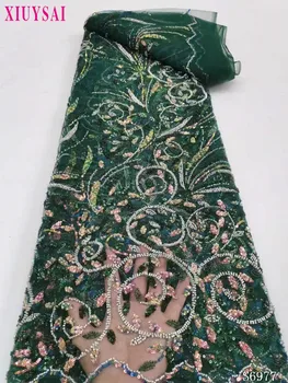 2023 Najnovšie Nigérijský Sequin Čipky Textílie Ťažké Ruky Korálkové Čipky Textílie Luxusné francúzske 3D Kvetinové Výšivky, Čipky Textílie Svadbu Obrázok