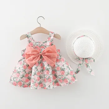 2 Kusy Letné Oblečenie Baby Dievčatá Šaty Módne Kvetov Lúk Bez Rukávov Bavlna Pláži Princezná Šaty+ Klobúk Batoľa Oblečenie Obrázok