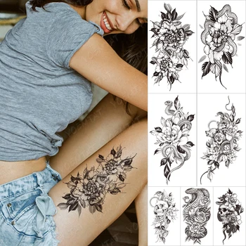 Nepremokavé Dočasné Tetovanie Nálepky Pivónia, Ktorý Kvitne Leaf Had Line Maľované Pás Prenos Tatto Muž Body Art Falošné Tetovanie Ženy Obrázok