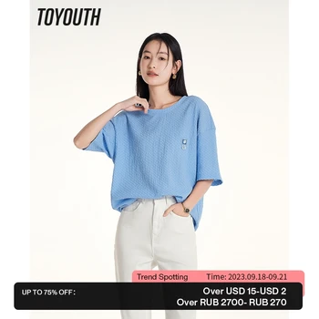 Toyouth Ženy T-shirt 2023 Lete Krátky Rukáv Kolo Krku Voľné Tees Skladaný Textúra Ležérne Elegantný Univerzálny Čierna Modrá Topy Obrázok