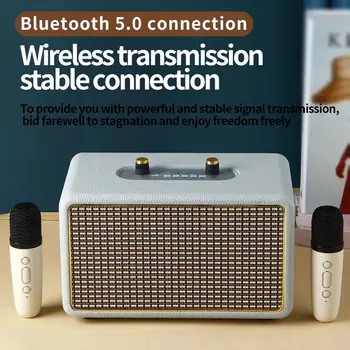 Drevené Bluetooth Reproduktor Vonkajšie Prenosné High-Power Bezdrôtový Bass Reproduktor Ploche Domov Karaoke Počítač Reproduktor S Duálny Mikrofón Obrázok