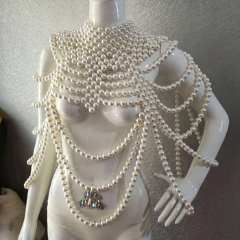 Luxusné prehnané perla veľkej veľkosti náhrdelník ženy pódium ulici strieľať fáze svadobné šaty ručné korálkové telo reťazca šperky Obrázok